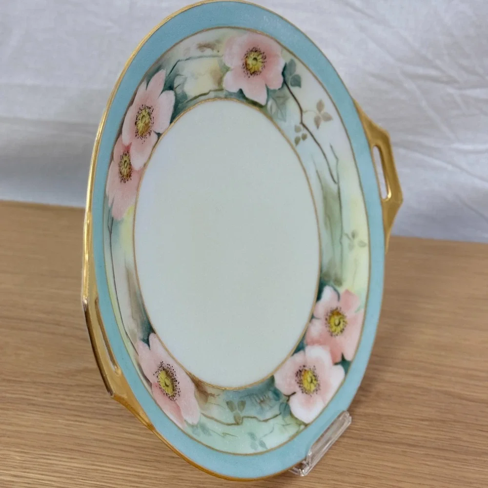 Vintage Thomas Bavaria 1920s Hand Painted‎ Pink Flowers Plate handles